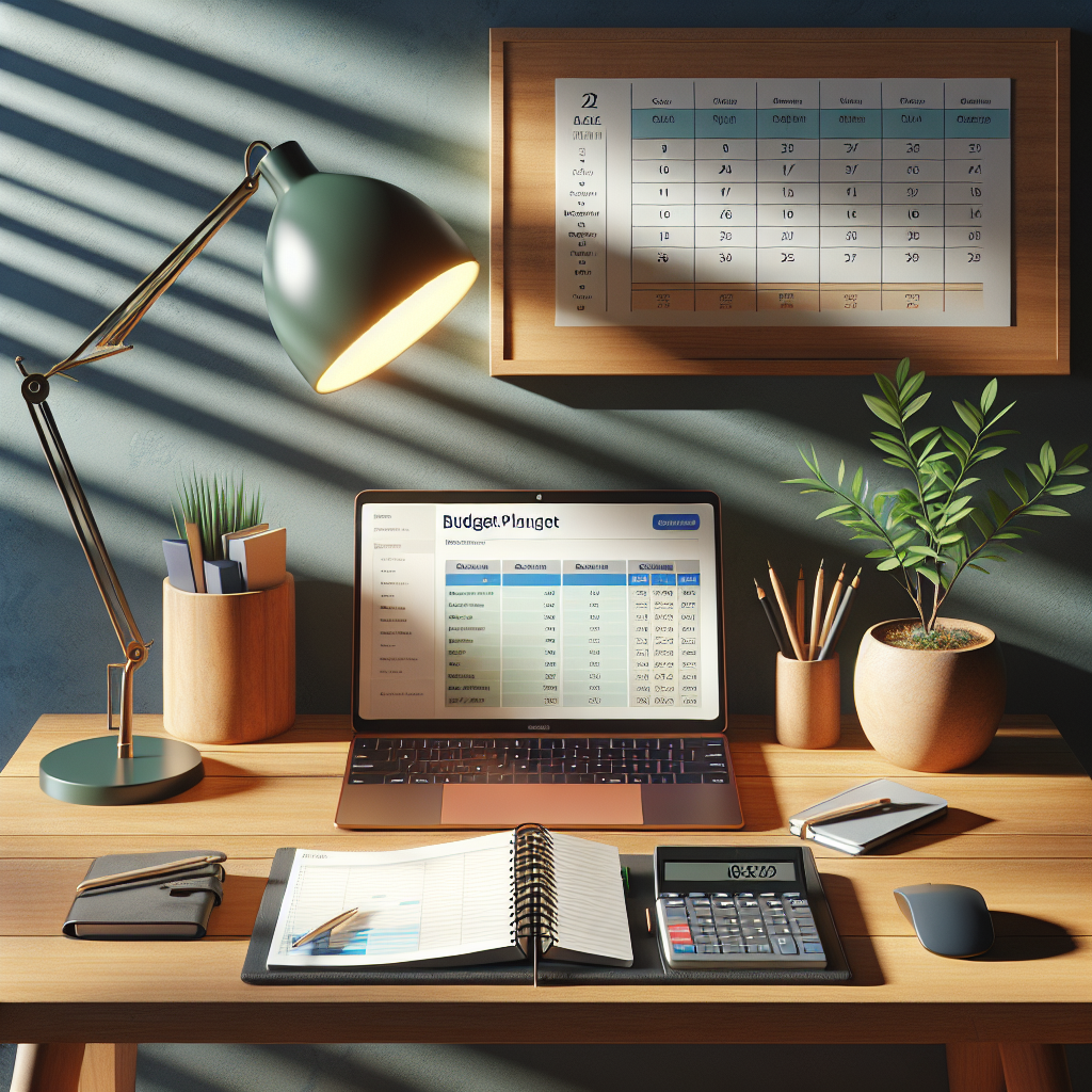 A serene workspace with a laptop, an open planner, and a glowing desk lamp.