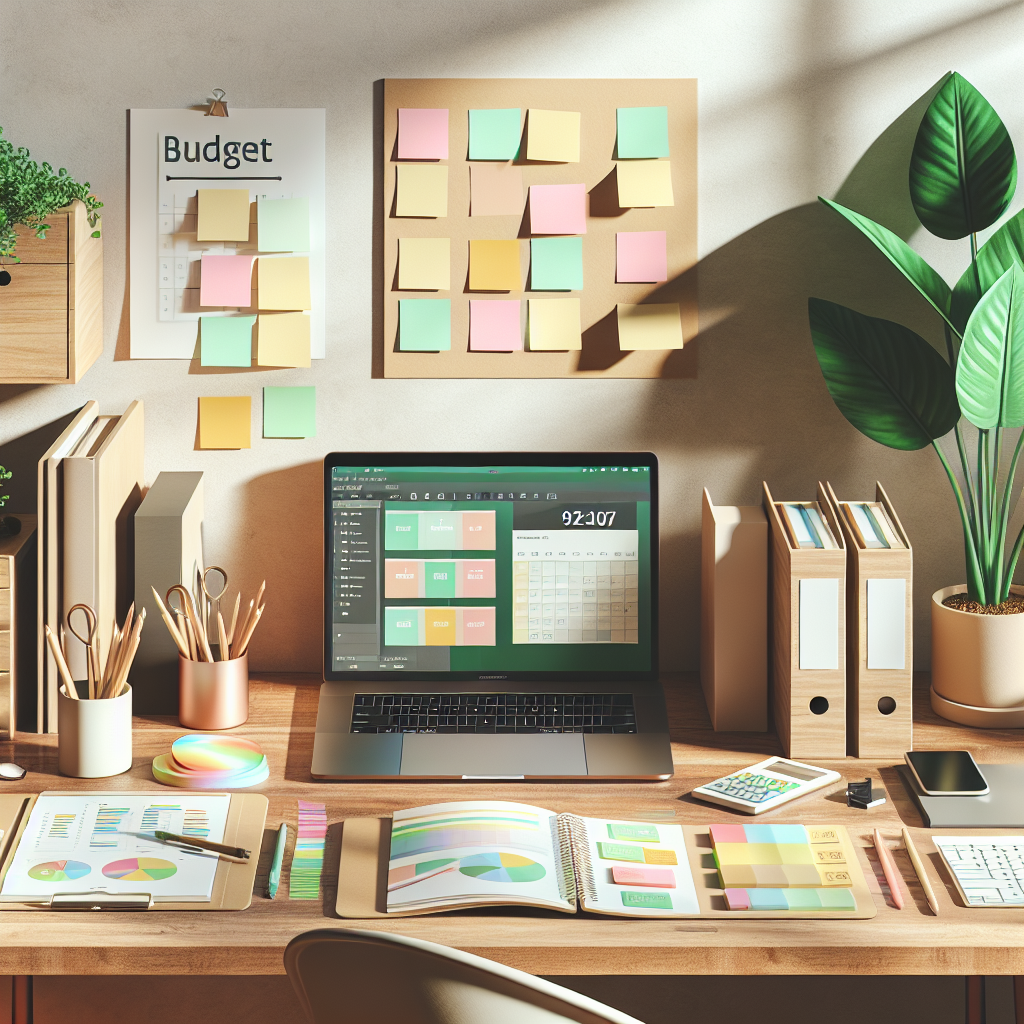 A workspace for budget planning featuring a desk, laptop, calendar, and indoor plant.