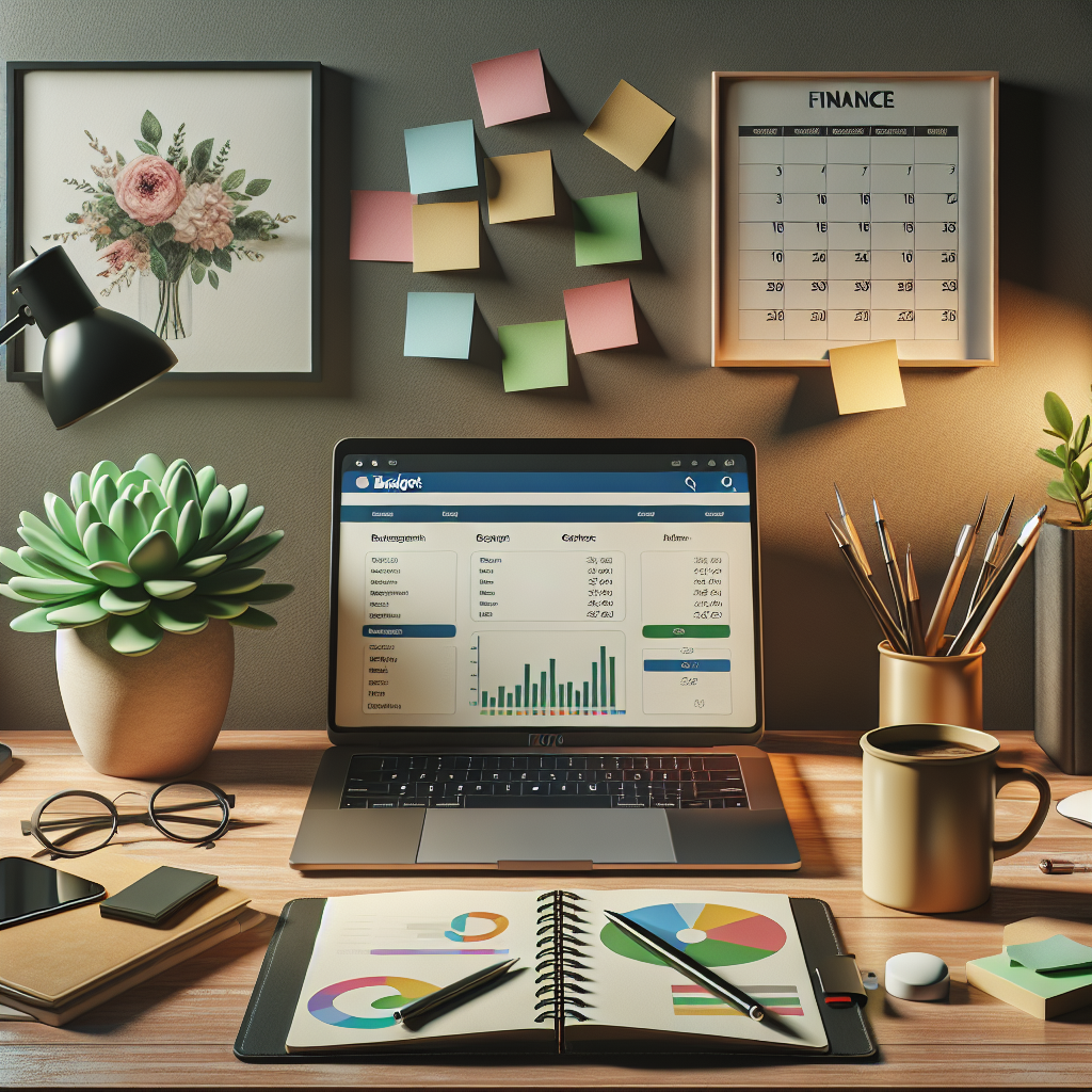 A cozy workspace for budget planning with a laptop, sticky notes, a calendar, and a cup of coffee.