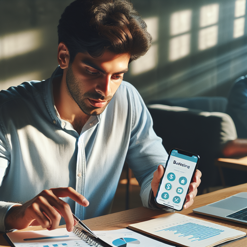 A person using a personal finance app on an iPhone at a desk.