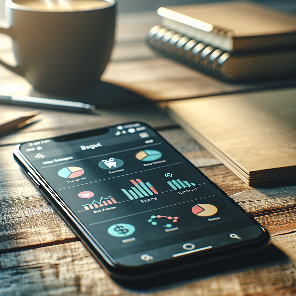 A smartphone showing a personal finance app with colorful charts on a wooden table.