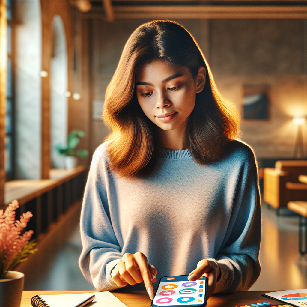 A young woman using a personal finance app on her smartphone at a home office desk.