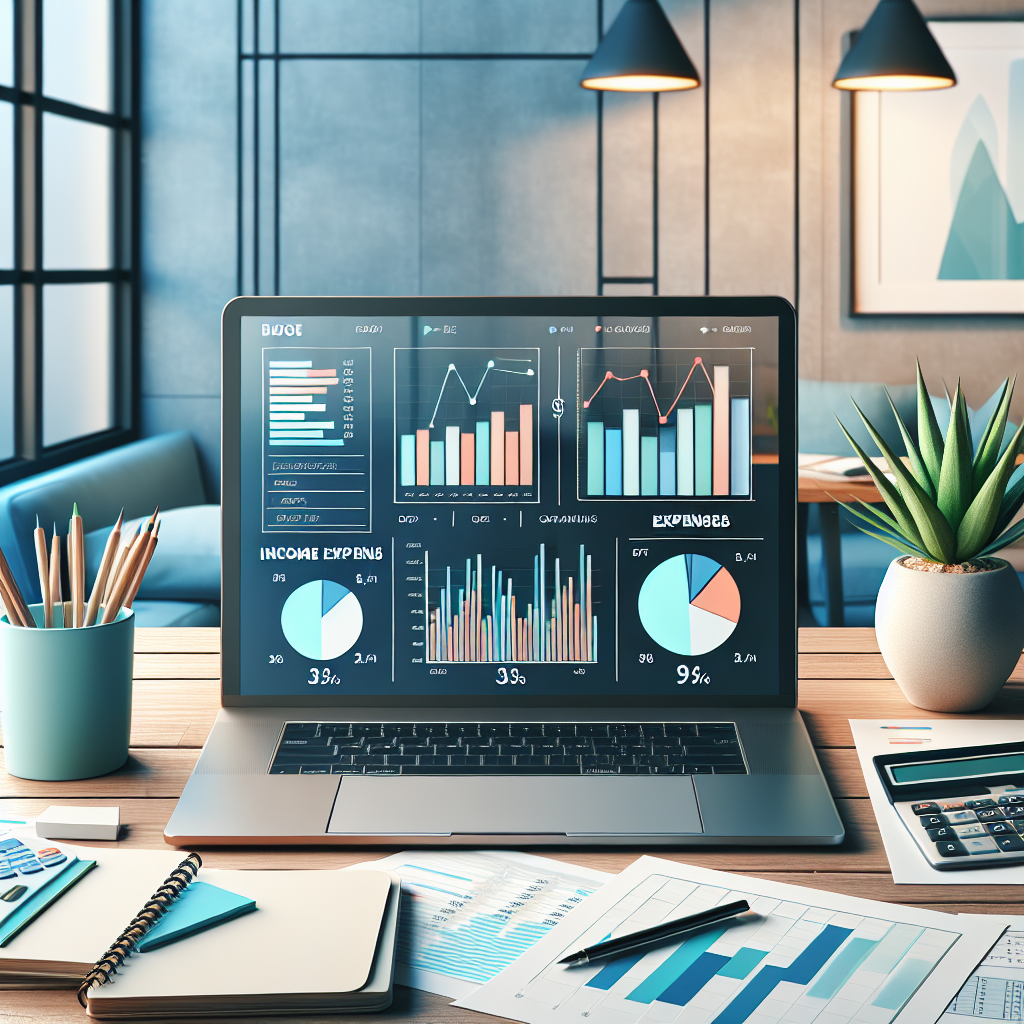 A modern workspace with a laptop, charts, and financial planning tools.