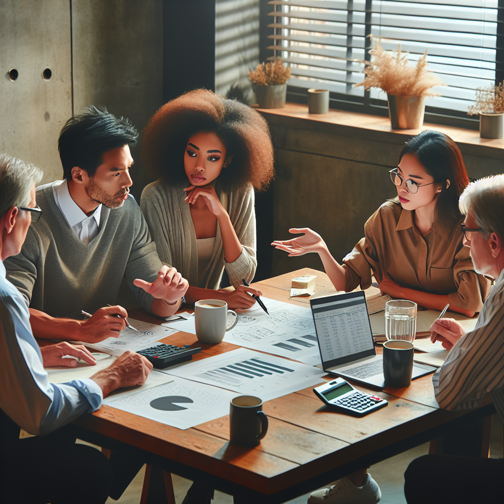 A diverse group of four people discussing budget planning around a table.