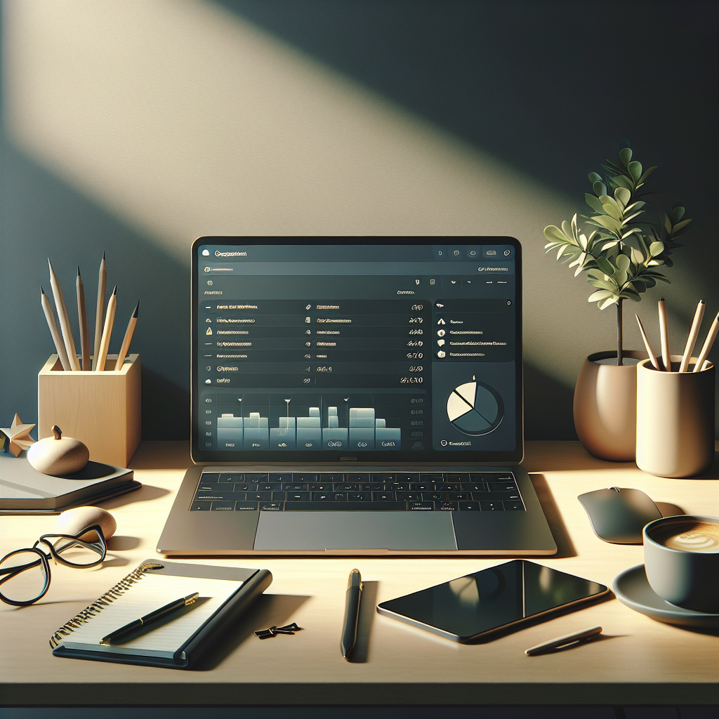 A modern workspace with a laptop showing a personal finance app, a coffee mug, and a potted plant.