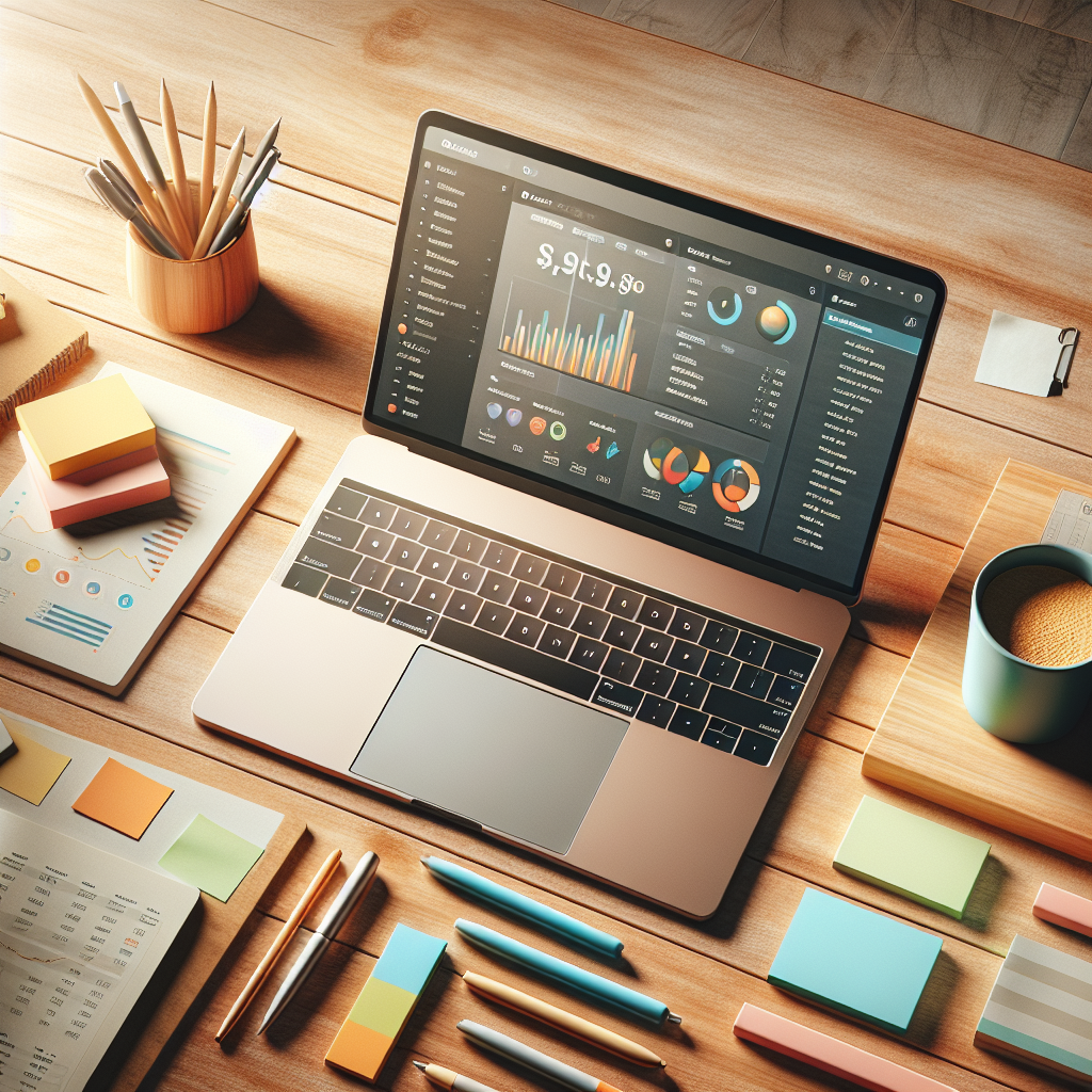 A laptop displaying a personal finance app on a wooden desk with stationery and coffee.