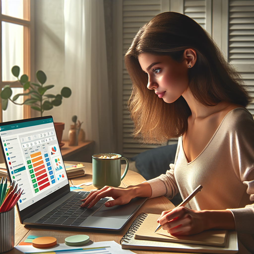 A person using a budgeting app on a laptop in a home office.