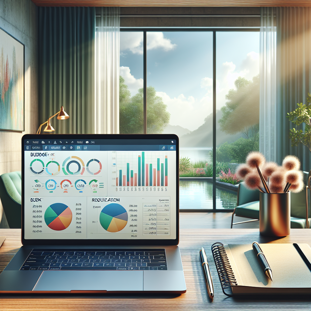 A modern workspace with a laptop displaying a budget planner, a notepad, and natural light.