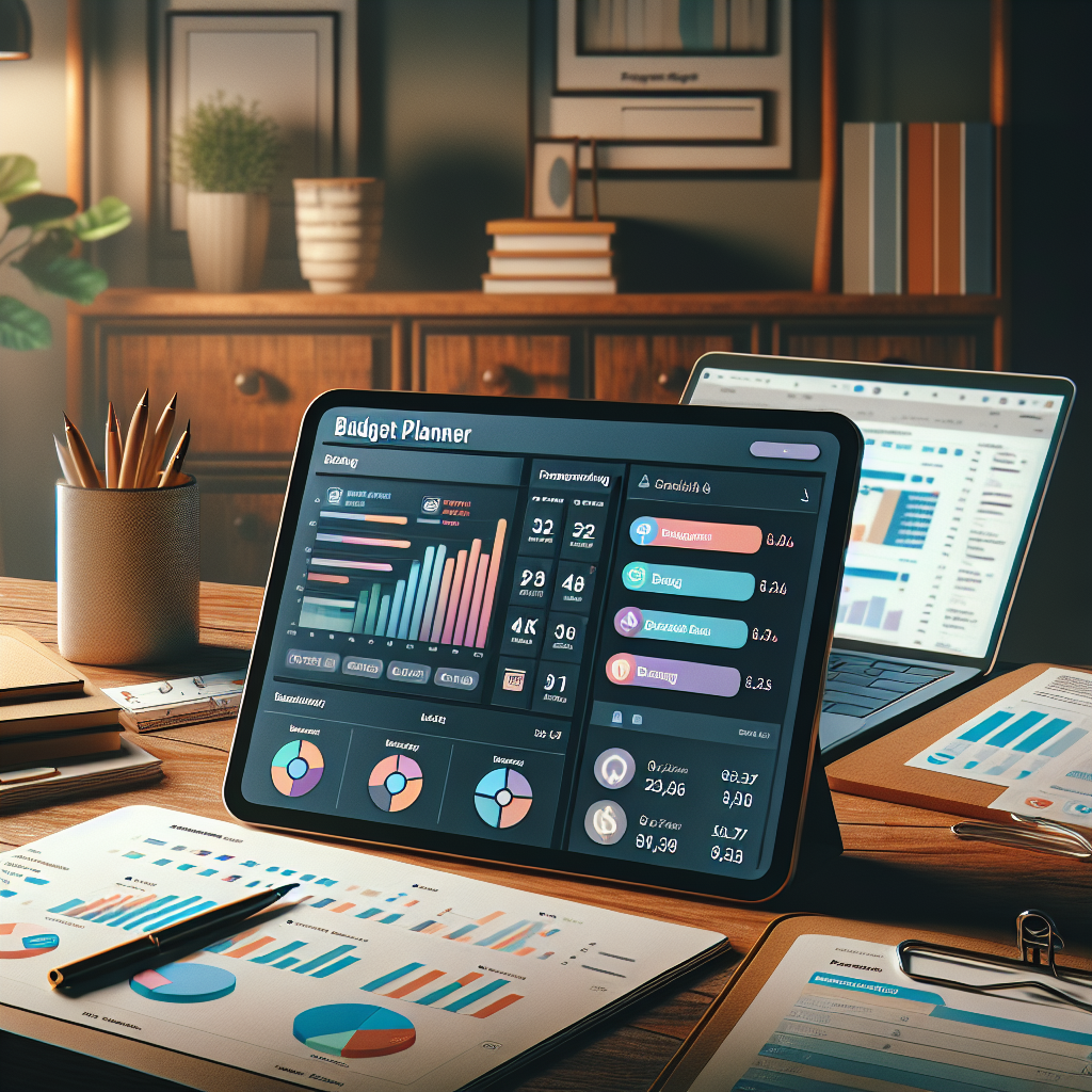A modern digital budget planner interface on a tablet in a cozy home office.