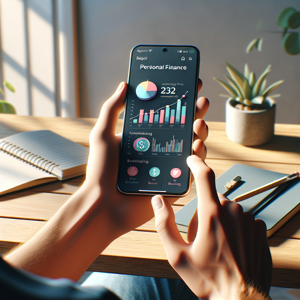 A modern personal finance app on a smartphone with a person holding it, surrounded by a notebook and a potted plant.