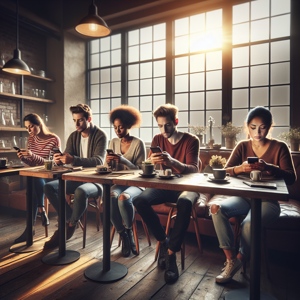 A diverse group of people using personal finance apps in a cozy café.