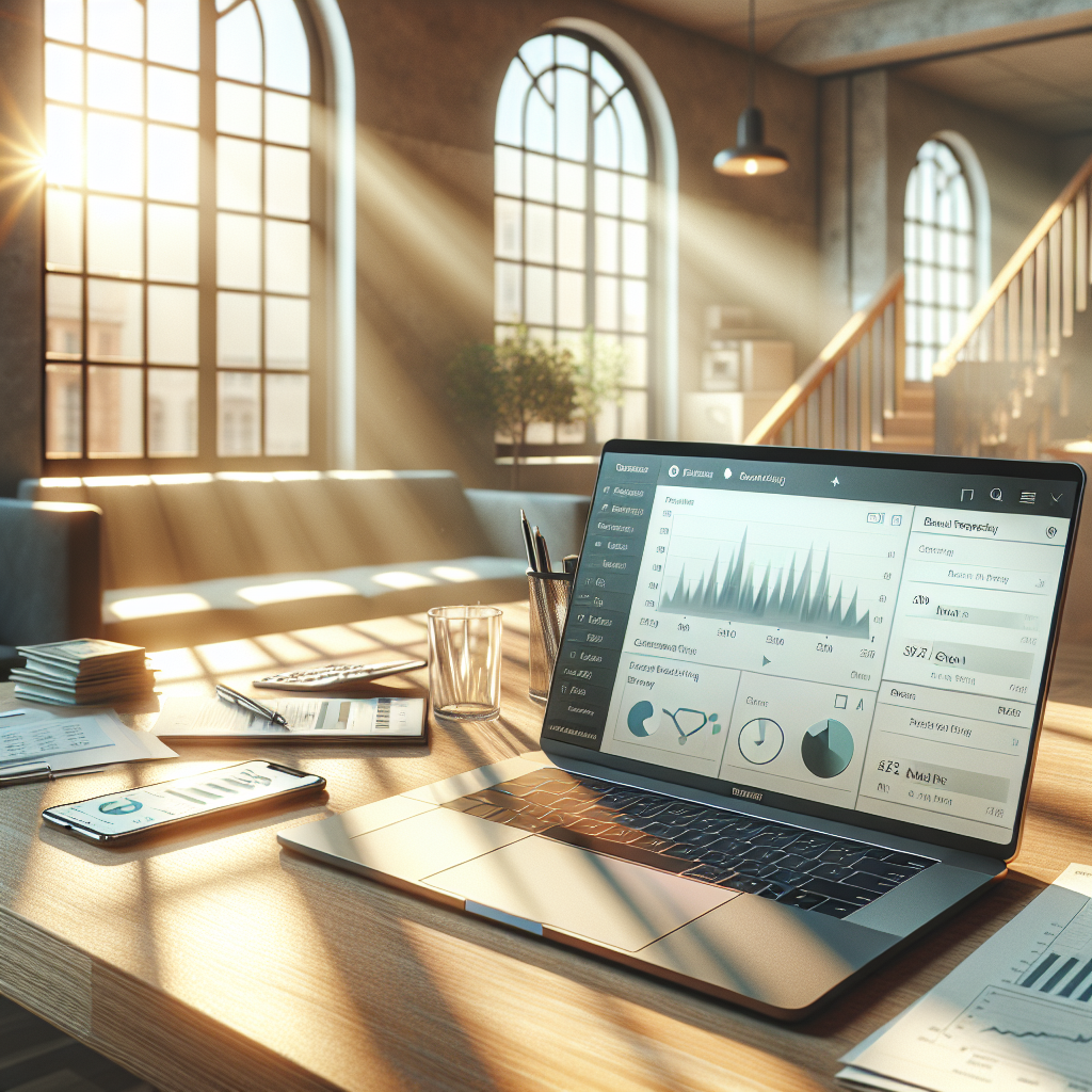 A workspace with a laptop running a finance app, documents, and a smartphone.