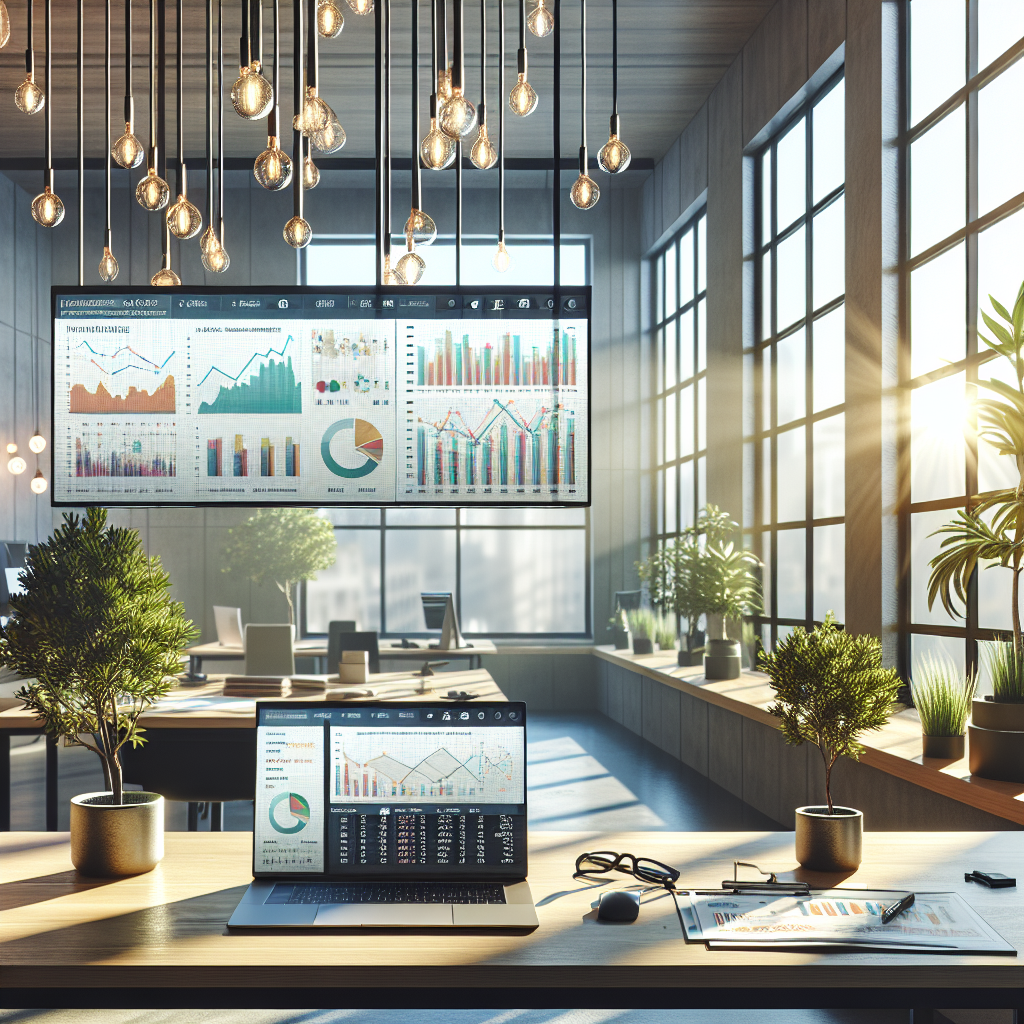 A modern office desk with a laptop showing finance app, colorful charts, and green plants.