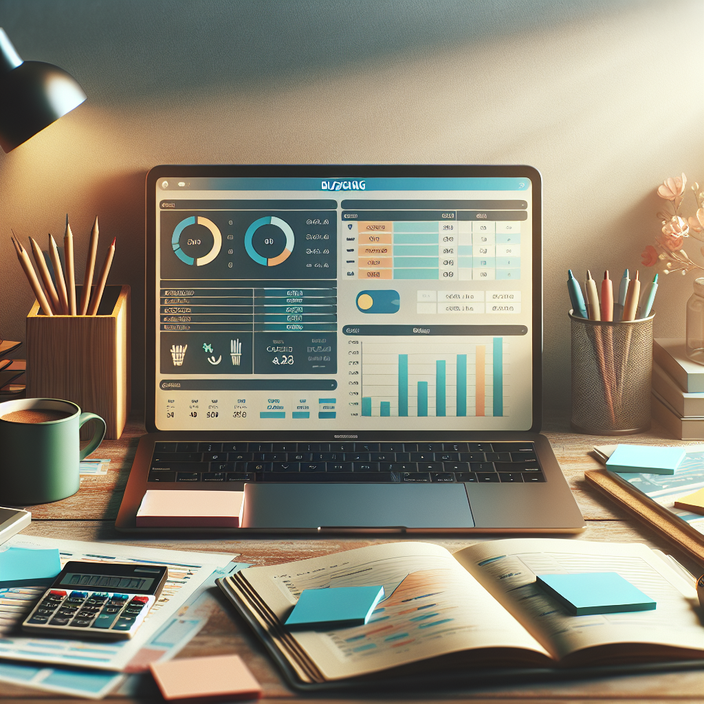 A desk with a laptop, budgeting tools, and stationery items representing budget planning.