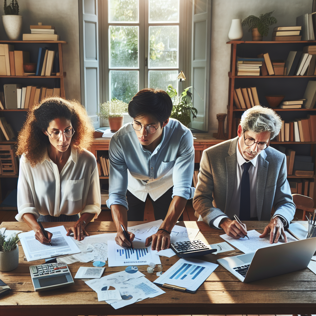 A diverse group of individuals engaged in budget planning in a cozy home office.