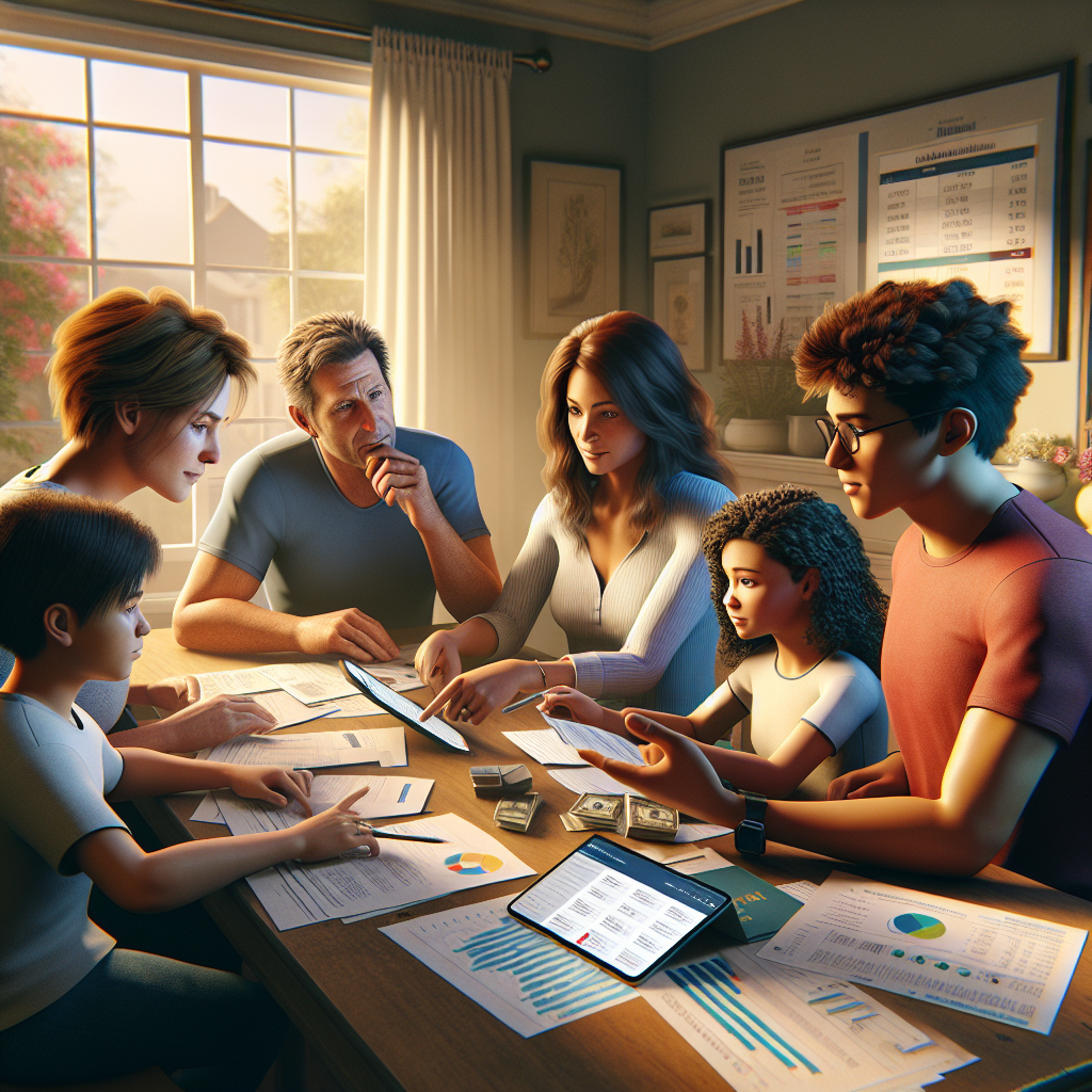 A family discussing finances around a dining table with a laptop and documents.