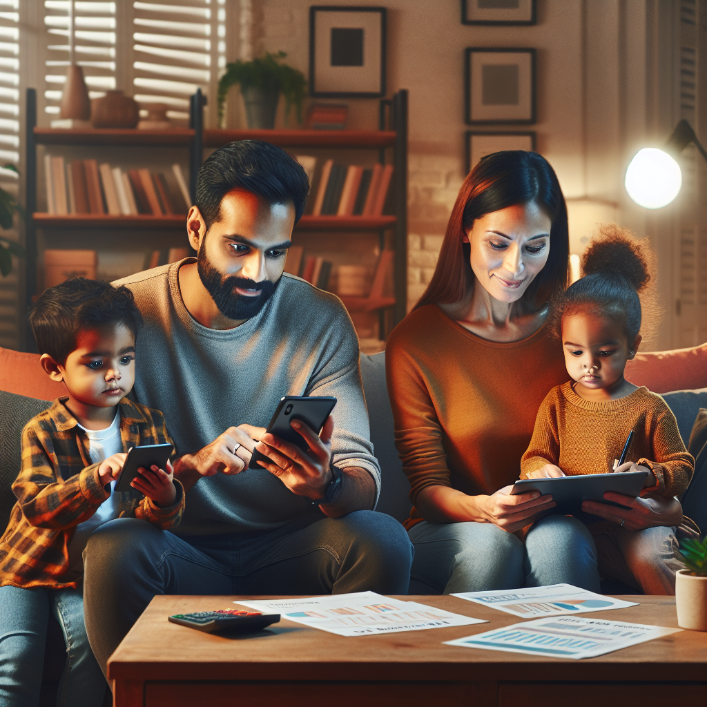 A family using a personal finance app in a modern living room.