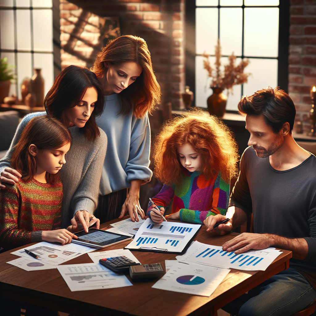 A family at a dining table using a personal finance app on a tablet.