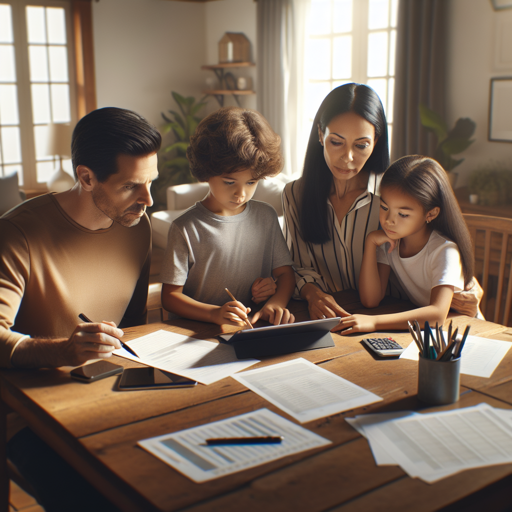 A family using a personal finance app on a tablet at a dining table.