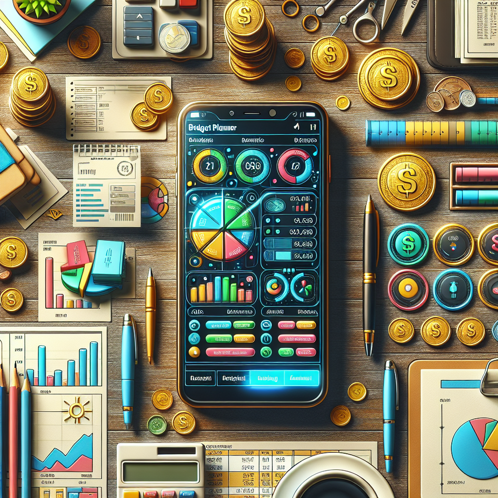 A smartphone displaying a budgeting app surrounded by financial elements.