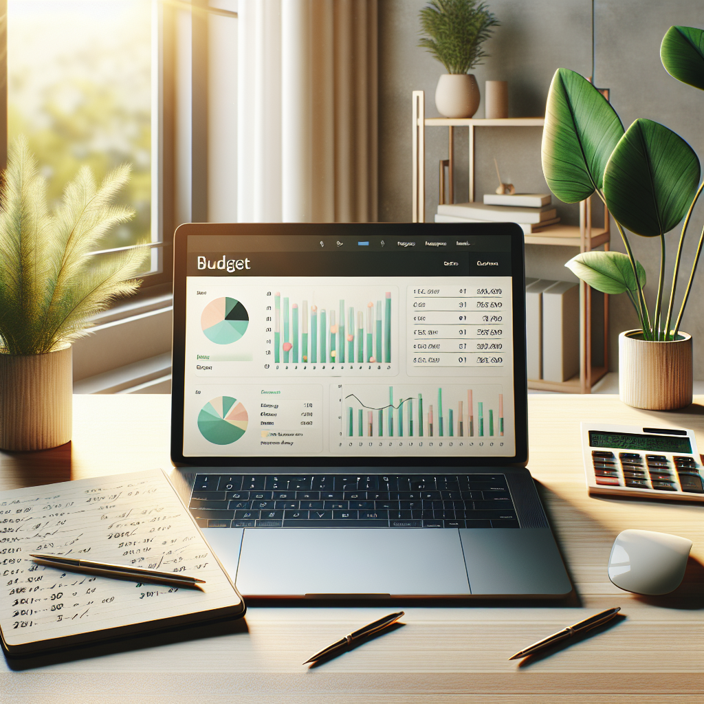 A modern desktop setup for budgeting with a laptop, notepad, and calculator.