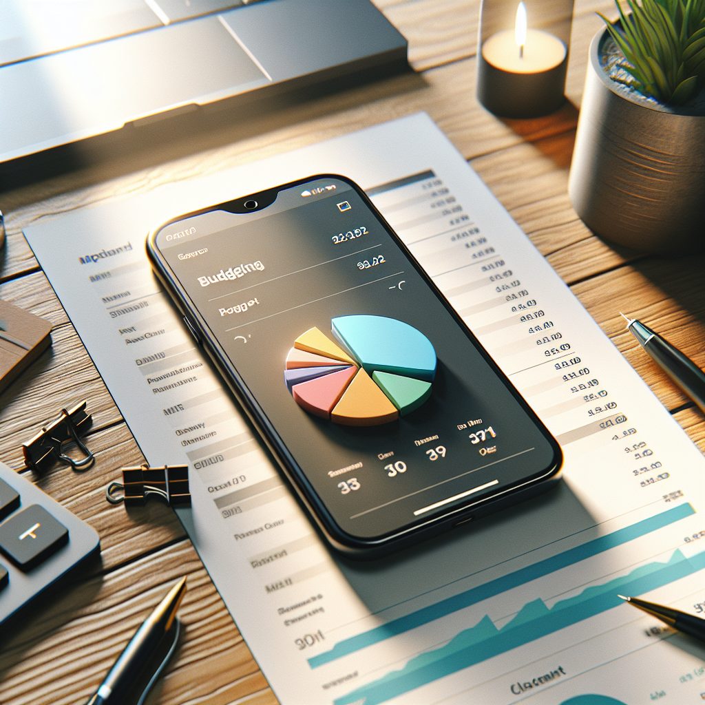 A smartphone displaying a budget planner app surrounded by financial documents on a desk.