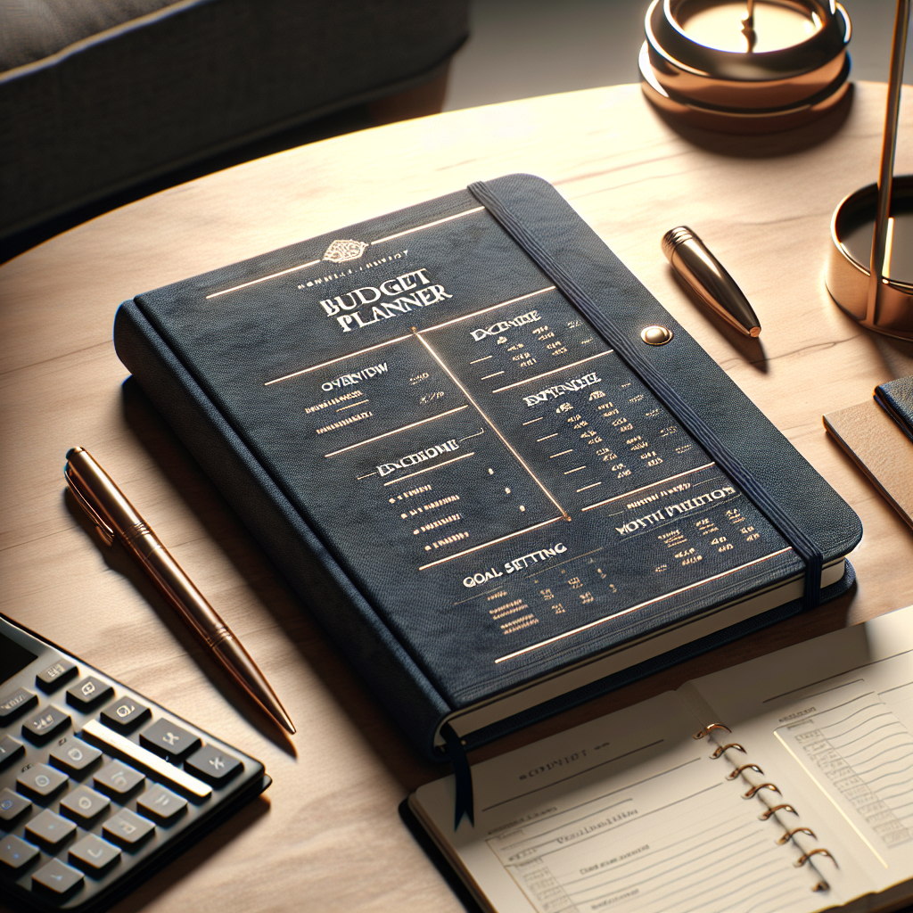 A stylish budget planner notebook open on a wooden desk with a pen and calculator.