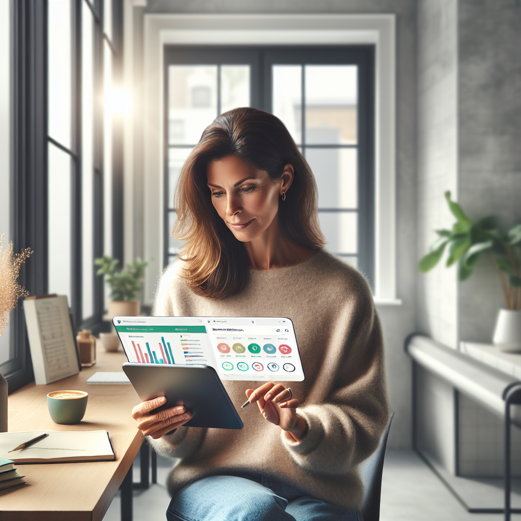 A woman using a personal finance assistant app on a tablet at a modern desk.