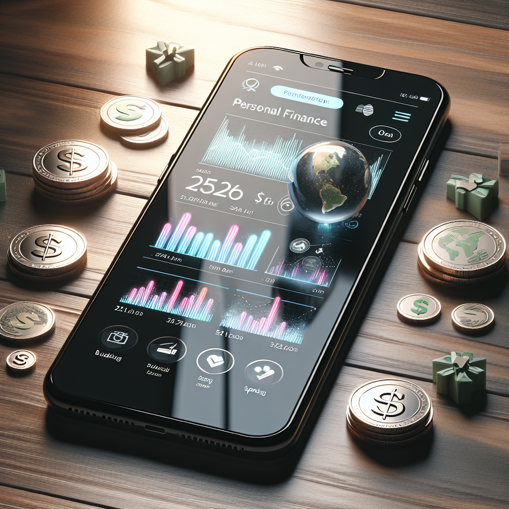 A smartphone displaying a personal finance app interface on a wooden table with coins and banknotes.