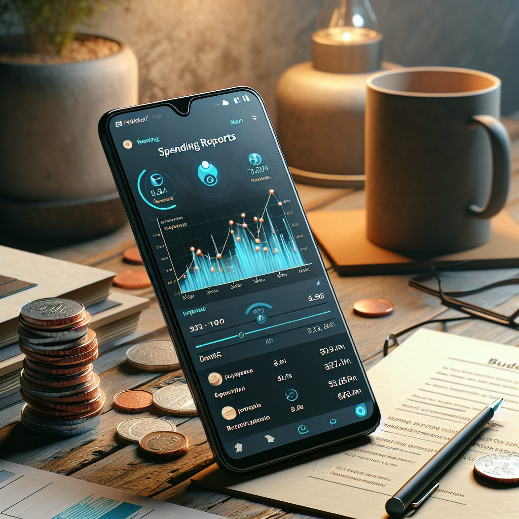 A smartphone displaying a personal finance assistant app with colorful graphs on a wooden table.