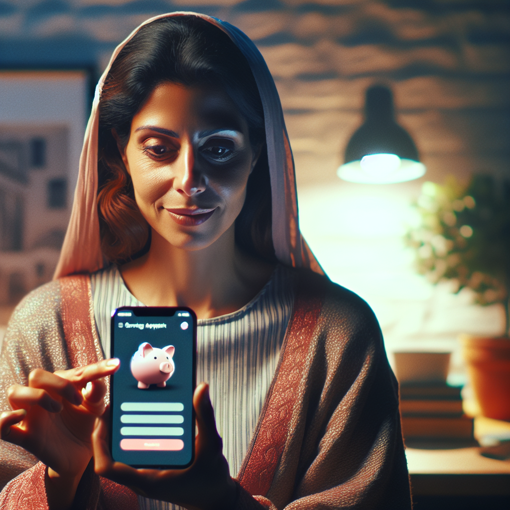 A person using a savings app on a smartphone in a cozy home setting.