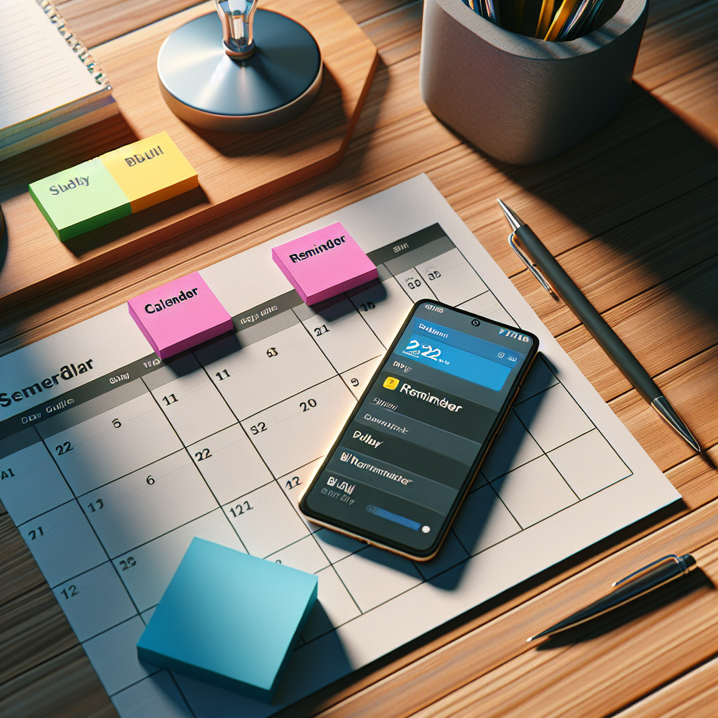 A realistic scene featuring bill reminder items like calendars, sticky notes, and a smartphone with an app on a wooden desk.