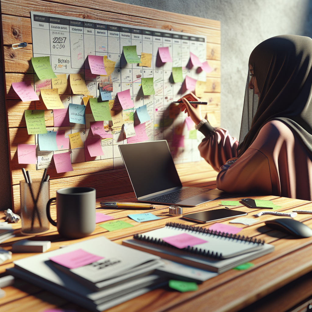 Realistic depiction of a desk with bill reminders, a laptop, coffee mug, and calendar.