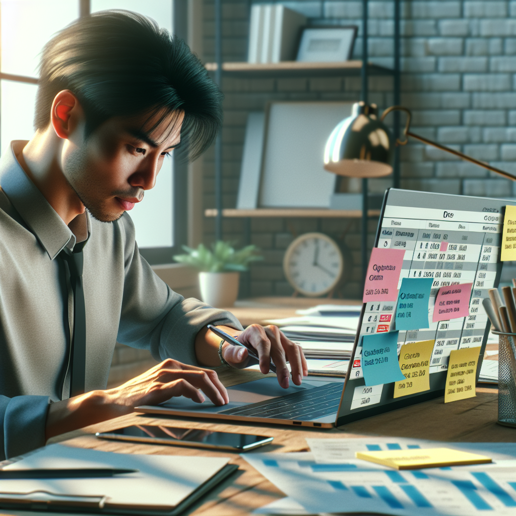 Person sitting at a desk with a laptop, surrounded by reminders and bills in a home office setting.