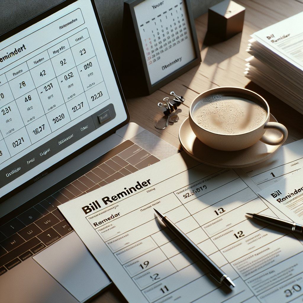 A realistic depiction of a desk setup for bill reminders with papers, a laptop showing a calendar, and a coffee cup.