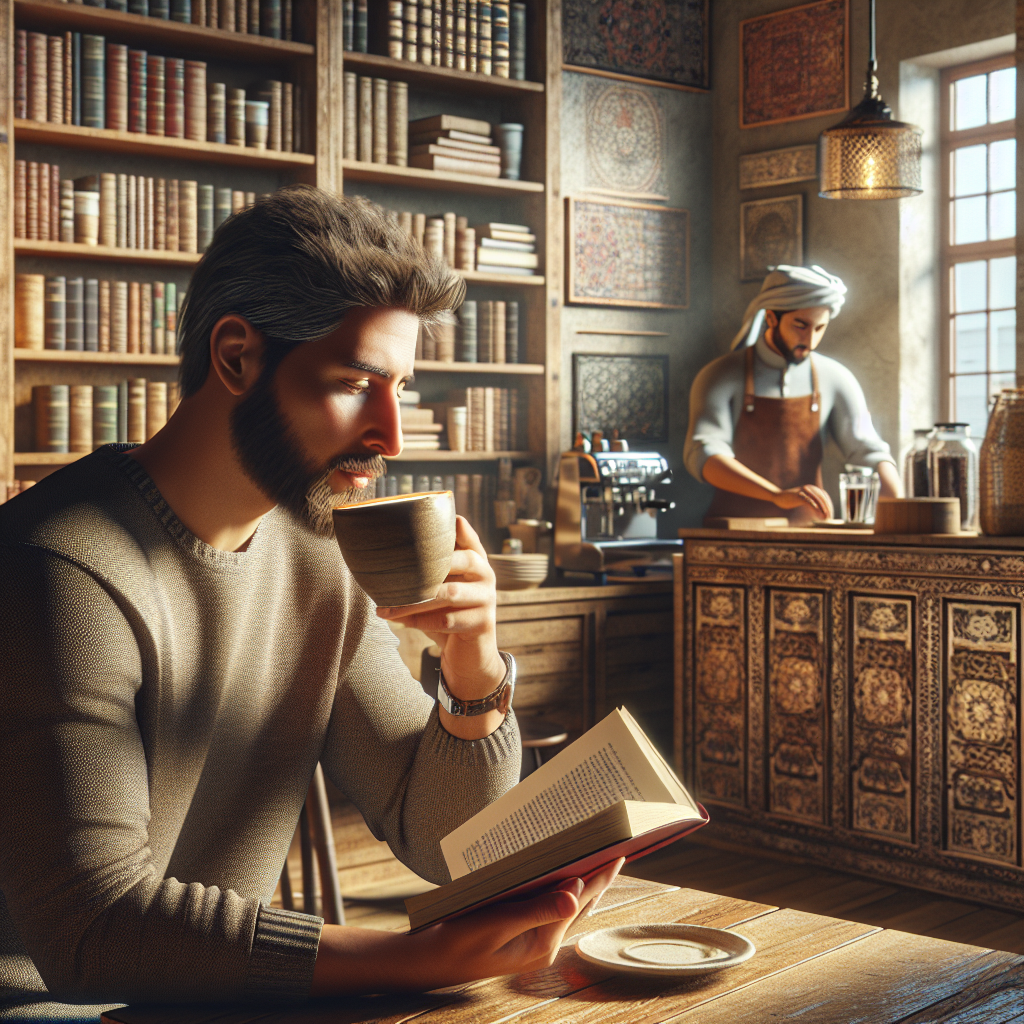 A man enjoying coffee in a cozy, realistic coffee shop setting with warm natural lighting.