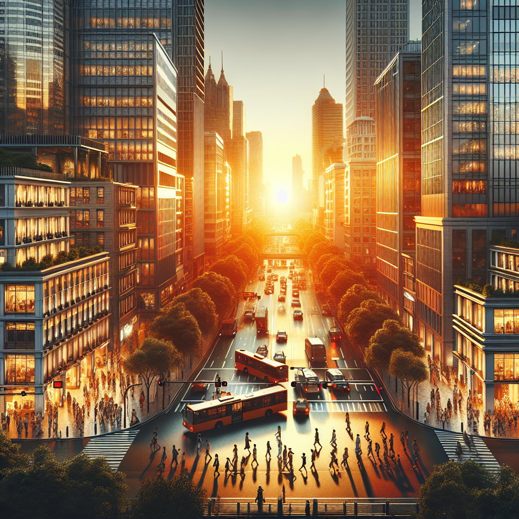 A realistic depiction of a modern cityscape during the golden hour, vibrant and bustling with people and warm sunset light reflecting off buildings.