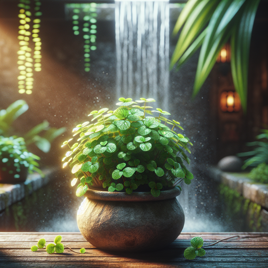 A realistic image of a small plant in a rustic pot with natural light and warm tones.