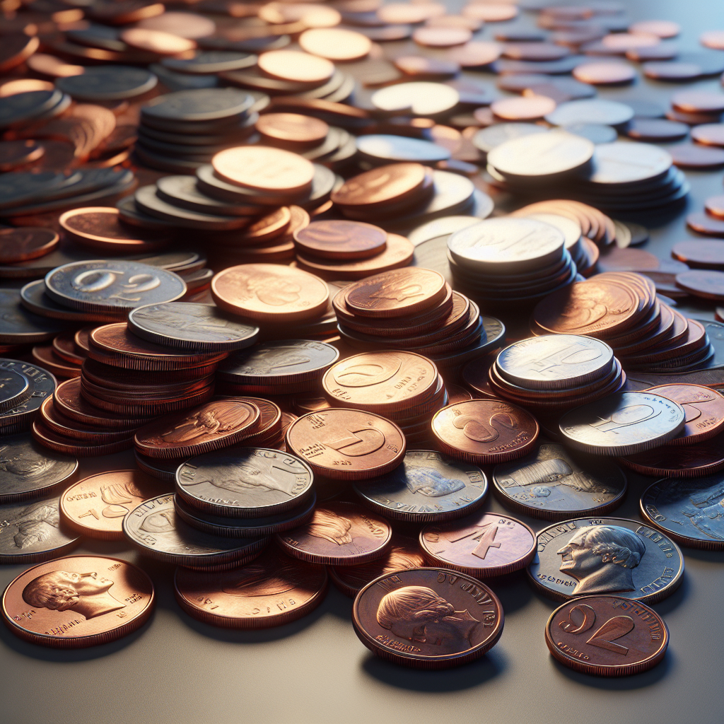 A realistic image of spare change consisting of various coins on a table.