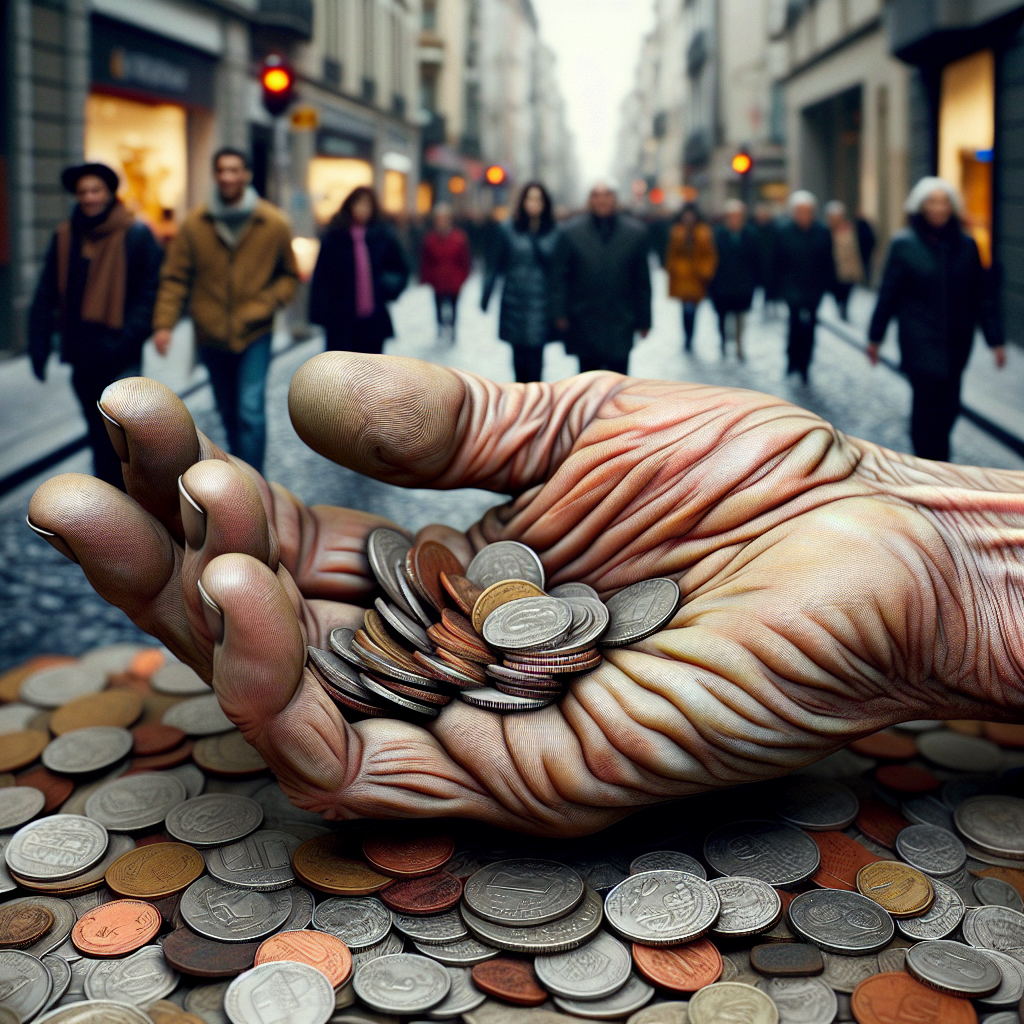 A weathered hand holding spare change against a realistic street background.