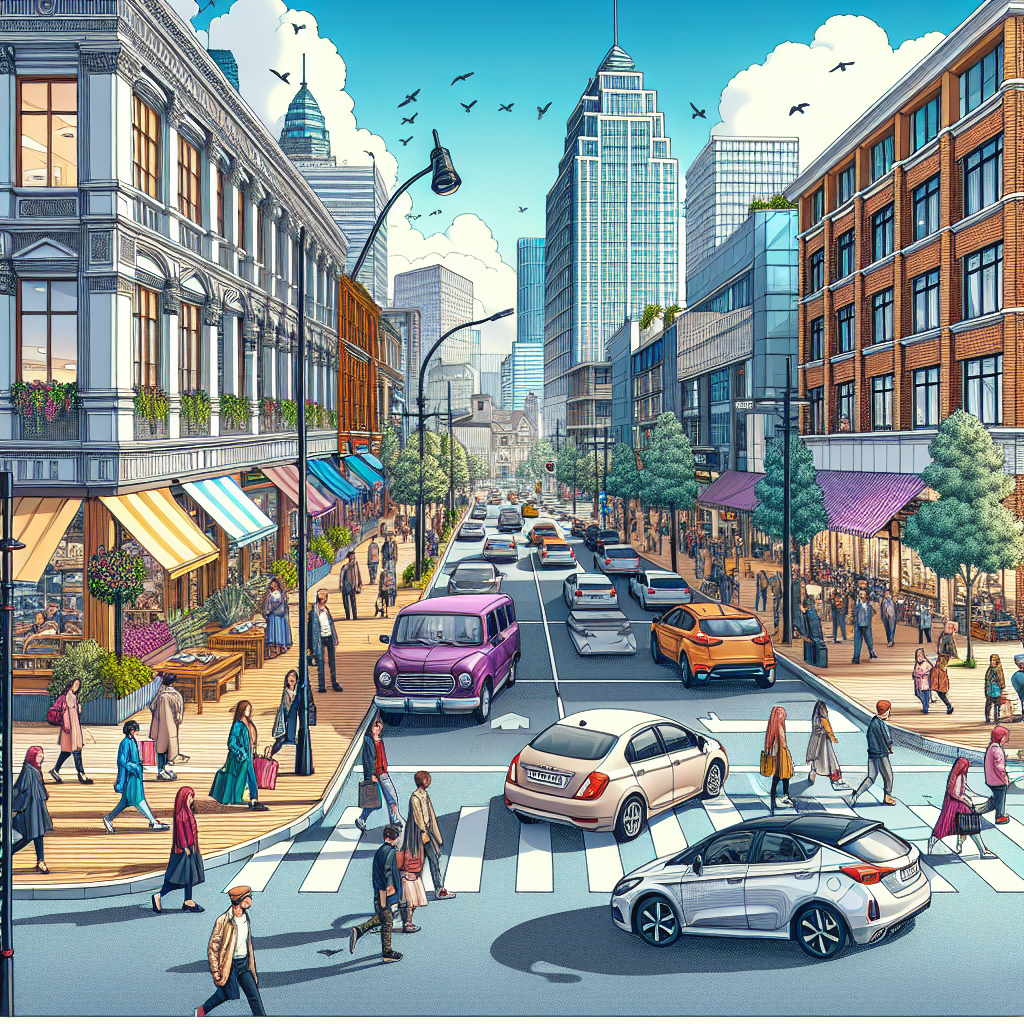 A realistic image of a busy city street during the day with people, shops, and diverse buildings.