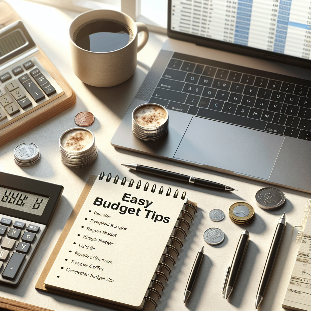 A desk with budget planning items: calculator, notepad with 'Easy Budget Tips,' coffee cup, and laptop with a budget spreadsheet.