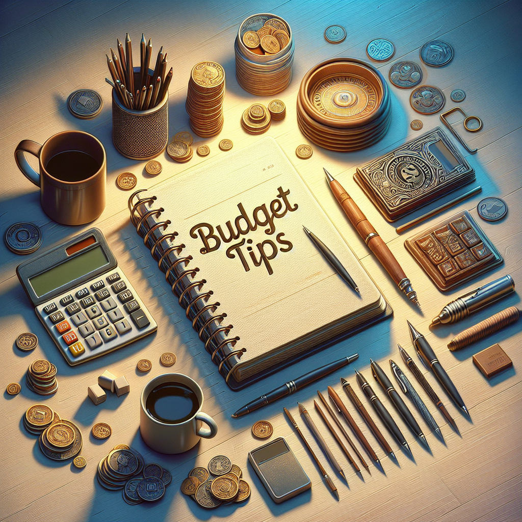 A desk with a notebook open to 'Budget Tips' and financial items.