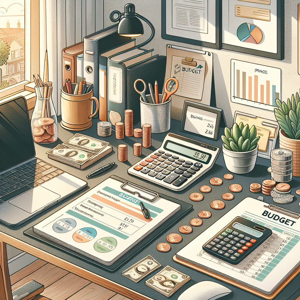 A workspace with budget-related items like a calculator, notepad, and coins, depicting easy budget tips.