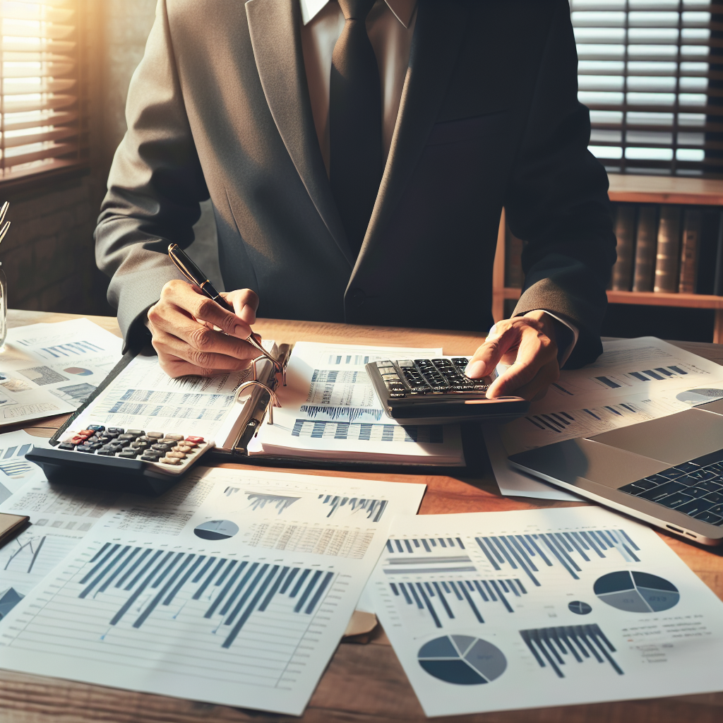 A realistic image of a financial planning workspace with a laptop, calculator, documents, and a person in business attire.