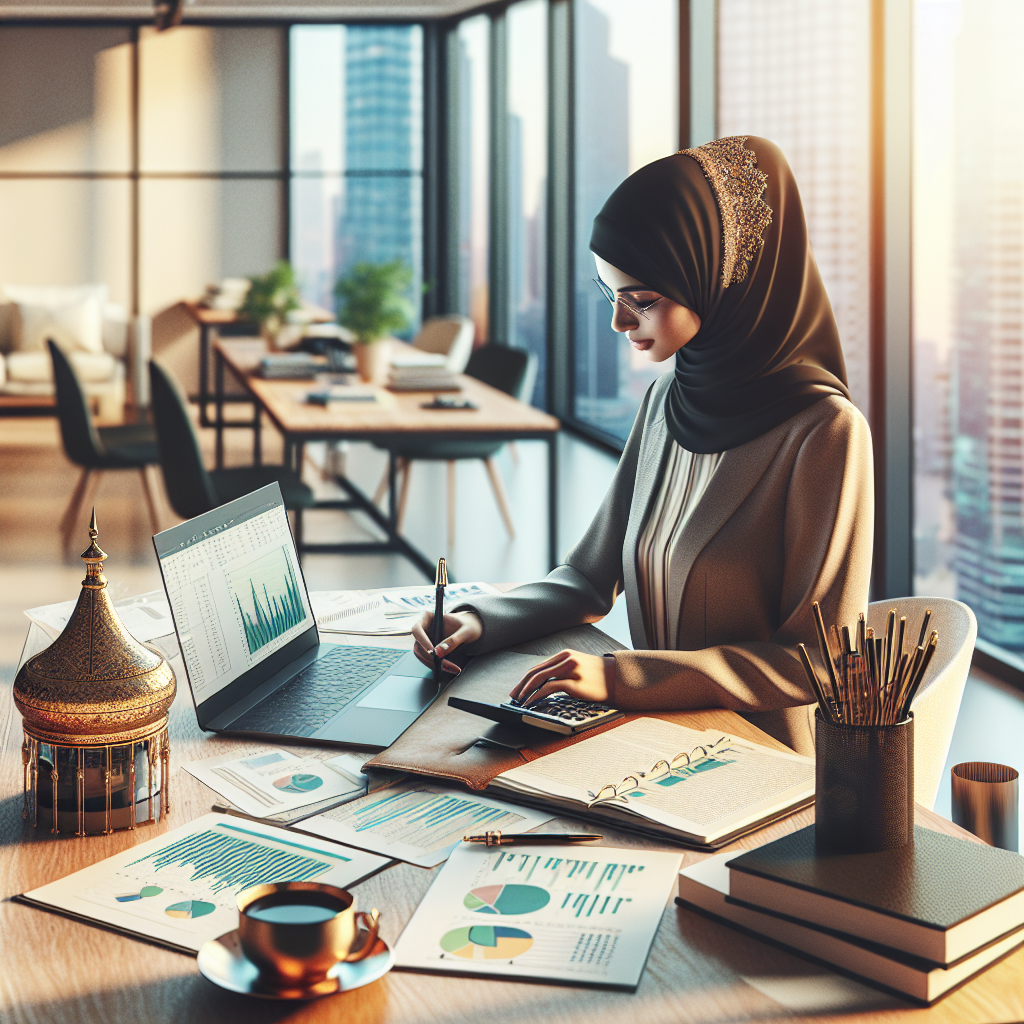 A financial planner's workspace with a laptop, documents, coffee, and stationery in a modern office.