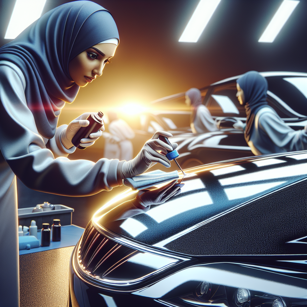 A realistic depiction of applying Opti-Coat Professional on a car, showcasing the glossy and protected finish of the car's surface.