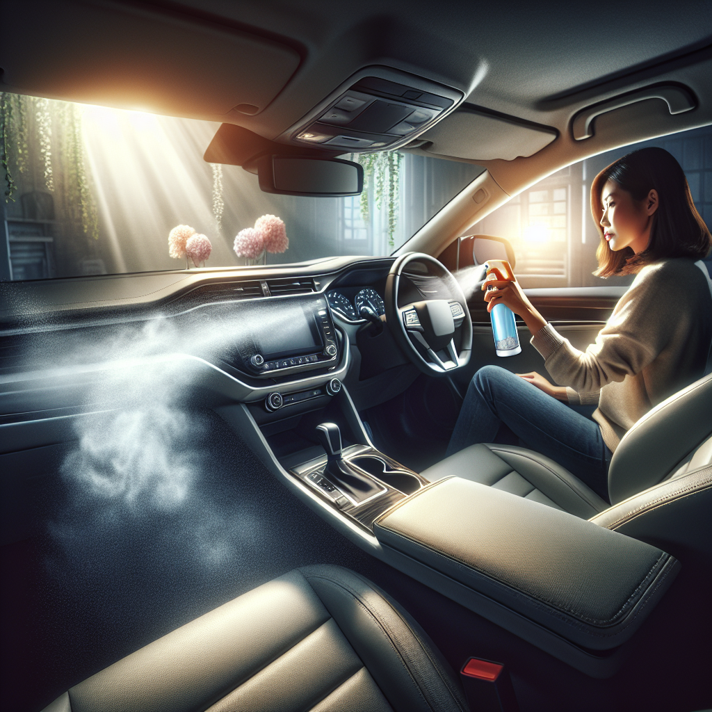 A clean car interior with a person spraying air freshener, highlighting the fresh and organized environment inside the car.