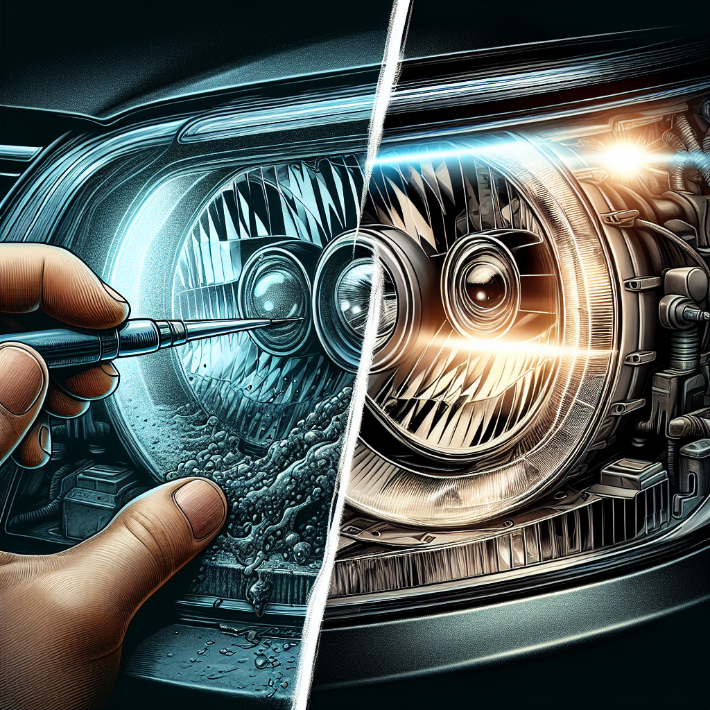 A car headlight being restored, with one side cloudy and the other side clear.