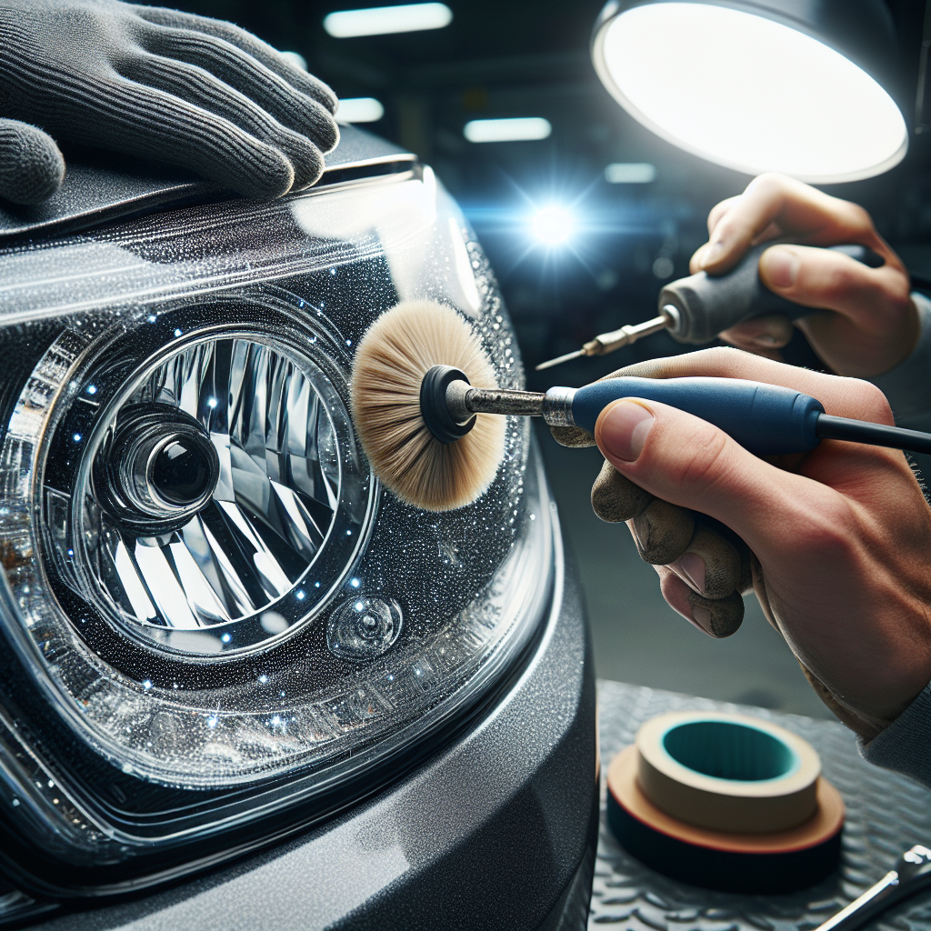 A detailed image of a headlight restoration service in progress.